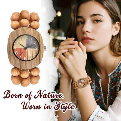 Women's Quartz Watch - Wood Beaded for Boho Elastic Bracelet Band, Butterfly Dial, Arabic - product detail view 14