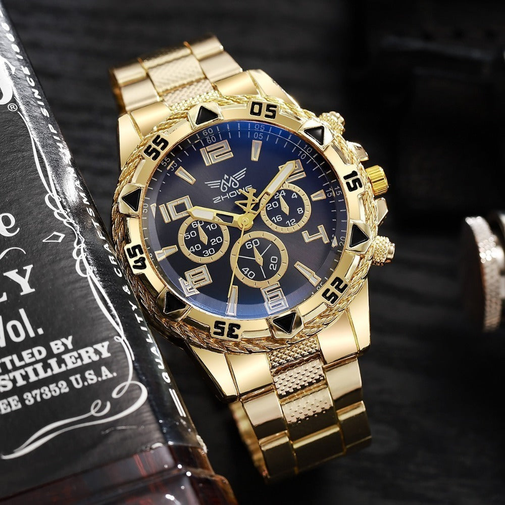 Men's Watch - 's Chunky Sport Gold & Silver Plated Chronograph-Style Bold Case, Blue - product detail view 6
