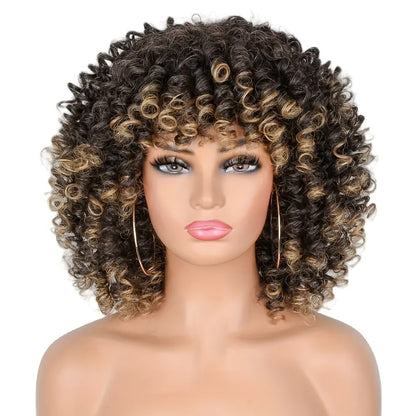 Women's Wig - Afro Coily with Bangs 14 Inch Natural Ombre Brown Heat-Resistant High - product detail view 3
