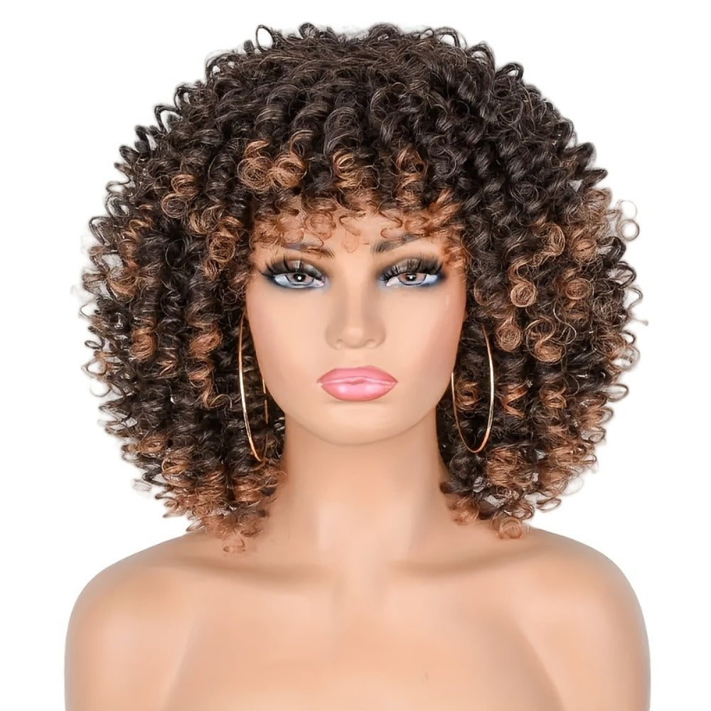 Women's Wig - Afro Coily with Bangs 14 Inch Natural Ombre Brown Heat-Resistant High - product detail view 7