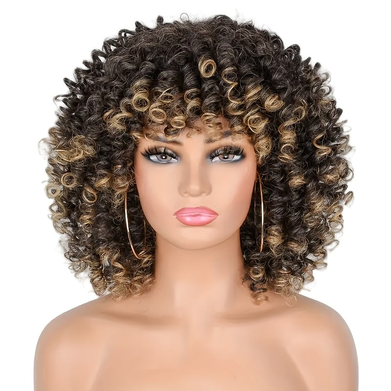 Women's Wig - Afro Coily with Bangs 14 Inch Natural Ombre Brown Heat-Resistant High - product detail view 9