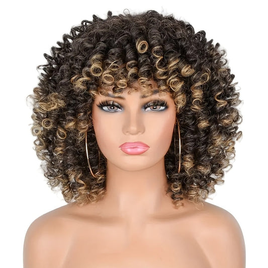 Women's Wig - Afro Coily with Bangs 14 Inch Natural Ombre Brown Heat-Resistant High - product detail view 9