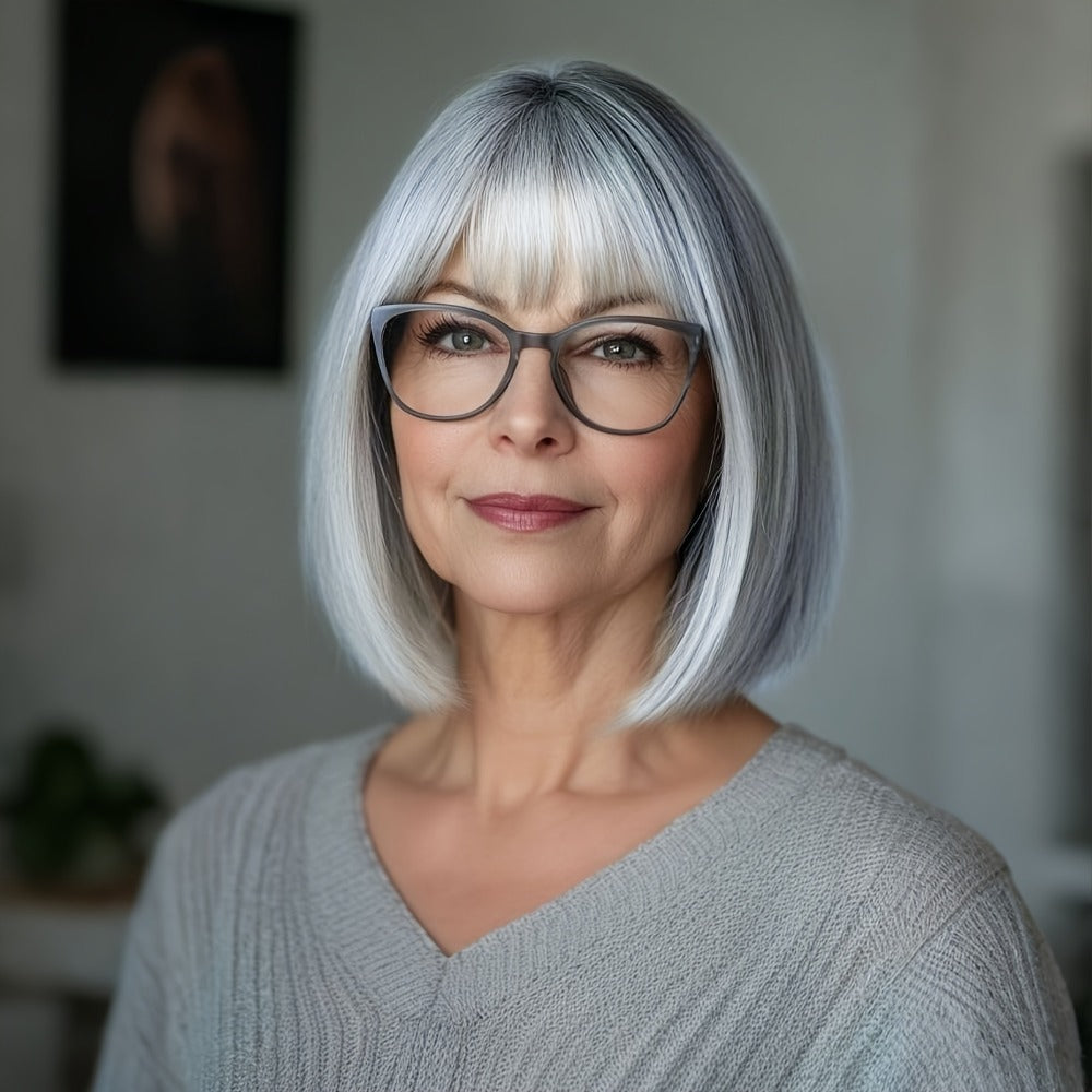 Women's Wig - Gray Short Straight 8 Inch with Bangs for - Silvery Grey Bob for Cosplay - product detail view 3