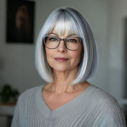 Women's Wig - Gray Short Straight 8 Inch with Bangs for - Silvery Grey Bob for Cosplay - product detail view 3