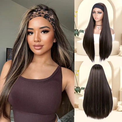 Women's Wig - Headband Long Straight 26 Inch for - Brown Golden Highlight Natural Hair - product detail view 4
