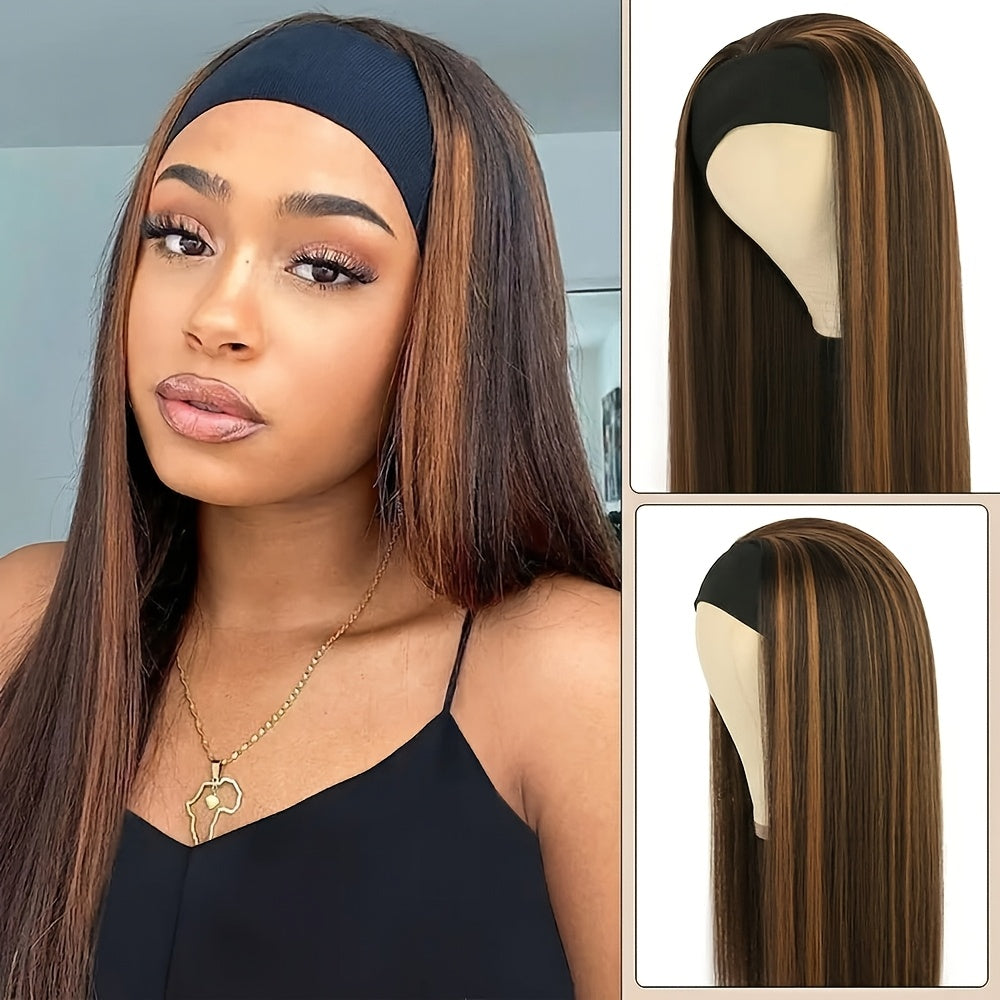Women's Wig - Headband Long Straight 26 Inch for - Brown Golden Highlight Natural Hair - product detail view 9