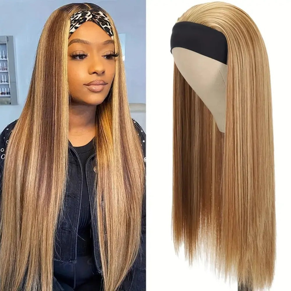 Women's Wig - Headband Long Straight 26 Inch for - Brown Golden Highlight Natural Hair - product detail view 11