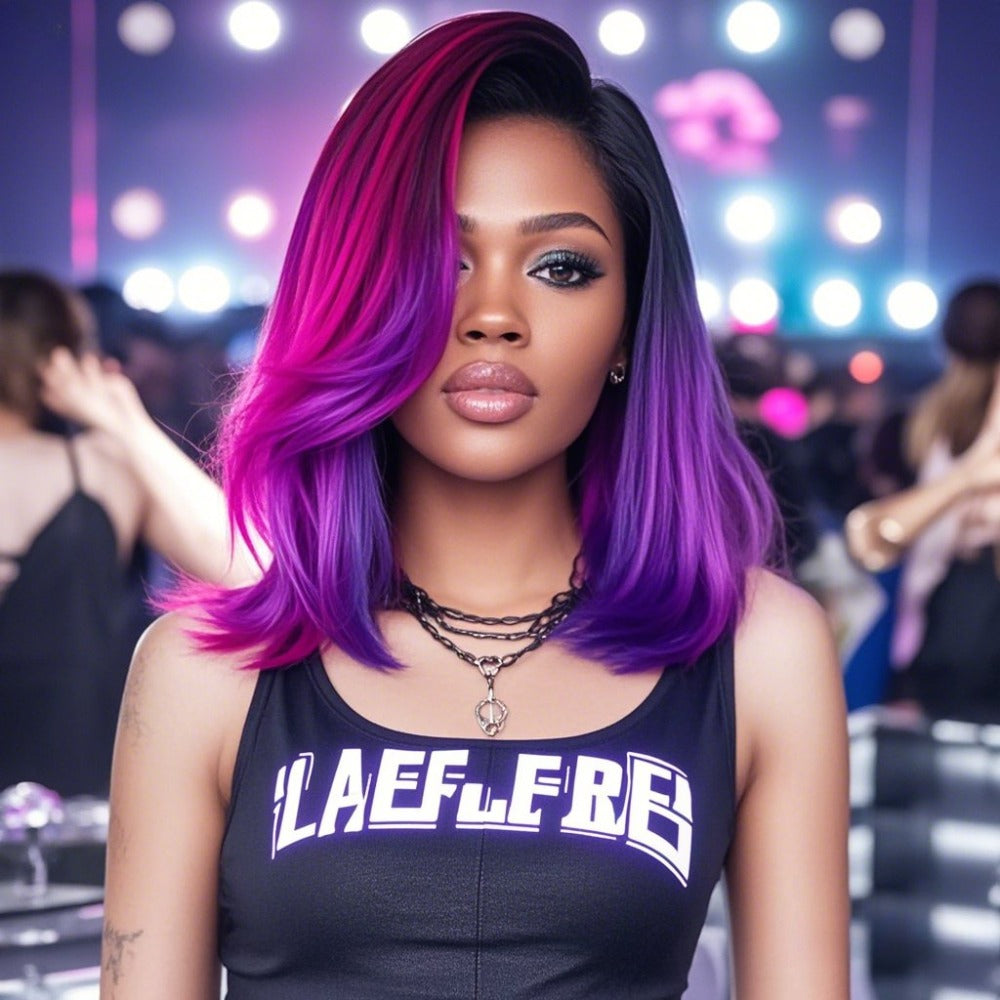 Women's Wig - Pink Purple Gradient Straight with Bangs 12 Inch Fantasy Synthetic - product detail view 2