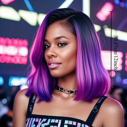 Women's Wig - Pink Purple Gradient Straight with Bangs 12 Inch Fantasy Synthetic - product detail view 3