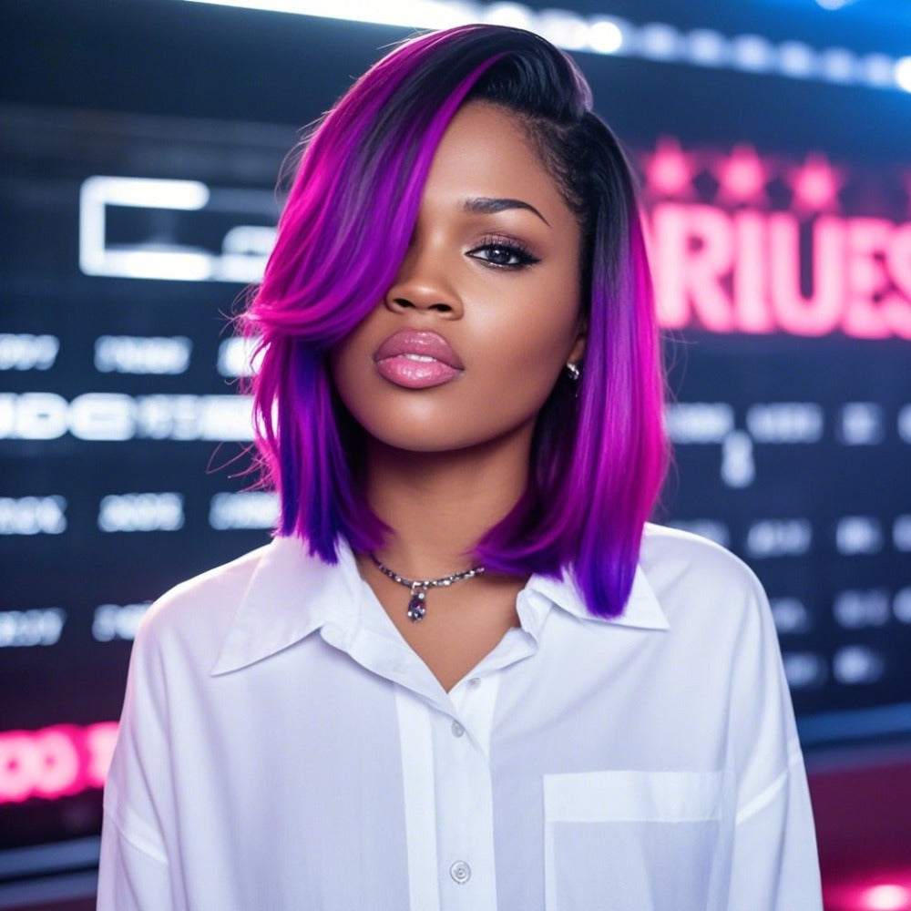 Women's Wig - Pink Purple Gradient Straight with Bangs 12 Inch Fantasy Synthetic - product detail view 4