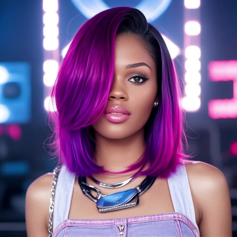 Women's Wig - Pink Purple Gradient Straight with Bangs 12 Inch Fantasy Synthetic - product detail view 6