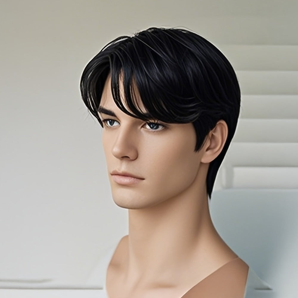 Women's Wig - Short Straight for Men - Natural Black Layered Synthetic Hairpiece, No - product detail view 3