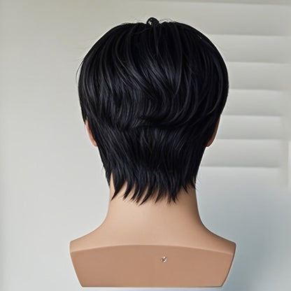Women's Wig - Short Straight for Men - Natural Black Layered Synthetic Hairpiece, No - product detail view 4