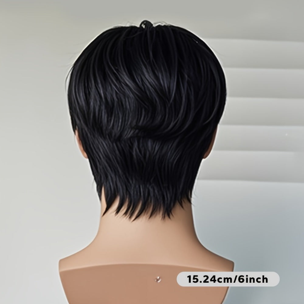 Women's Wig - Short Straight for Men - Natural Black Layered Synthetic Hairpiece, No - product detail view 5