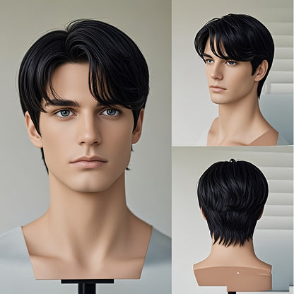 Women's Wig - Short Straight for Men - Natural Black Layered Synthetic Hairpiece, No - product detail view 9