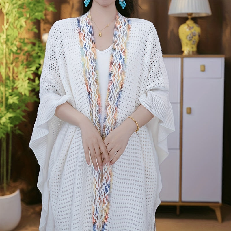Scarf for Women - Boho Ruffle Shawl for - Hollowed Out Color Stripe Fringe Wrap , Ethnic - product detail view 8