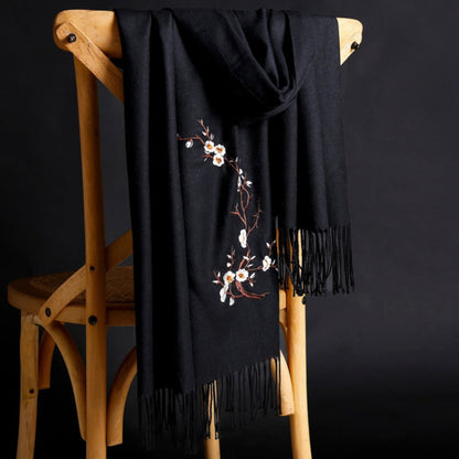 Scarf for Women - Cashmere Embroidered Ethnic Tassel Shawl Warm Neck Warmer Vintage Solid - product detail view 5