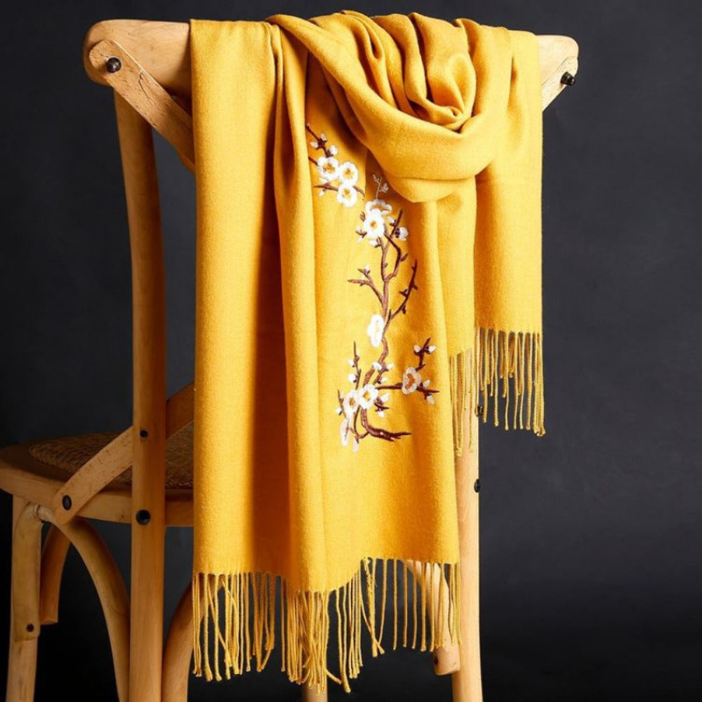 Scarf for Women - Cashmere Embroidered Ethnic Tassel Shawl Warm Neck Warmer Vintage Solid - product detail view 6
