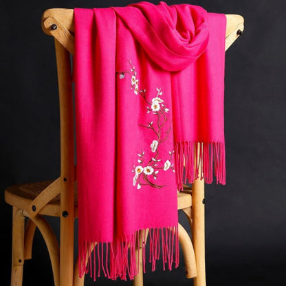 Scarf for Women - Cashmere Embroidered Ethnic Tassel Shawl Warm Neck Warmer Vintage Solid - product detail view 9
