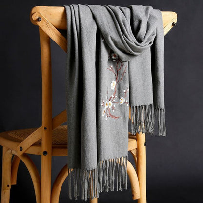 Scarf for Women - Cashmere Embroidered Ethnic Tassel Shawl Warm Neck Warmer Vintage Solid - product detail view 27
