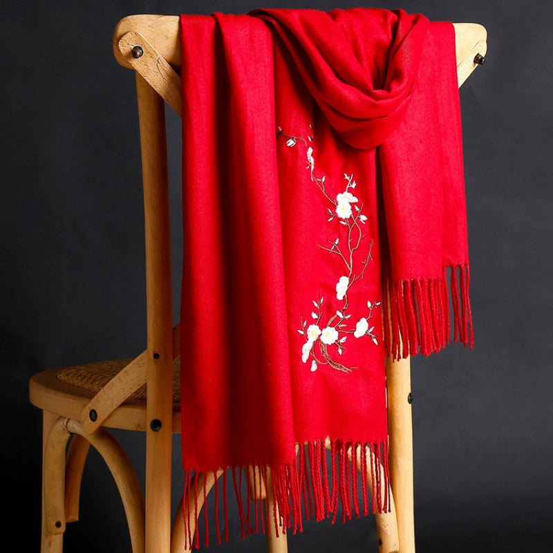 Scarf for Women - Cashmere Embroidered Ethnic Tassel Shawl Warm Neck Warmer Vintage Solid - product detail view 28