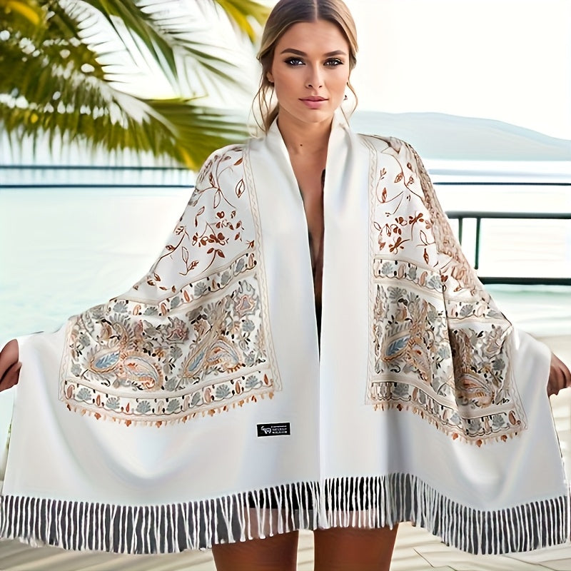 Scarf for Women - Cashmere Shawl for Bohemian Paisley Embroidery Tassel Trim Lightweight - product detail view 9