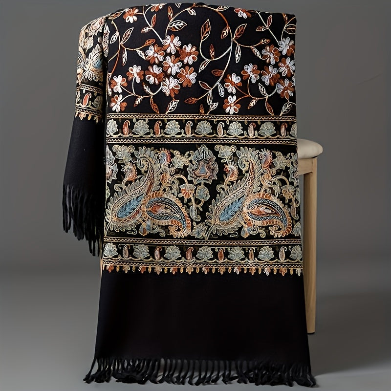 Scarf for Women - Cashmere Shawl for Bohemian Paisley Embroidery Tassel Trim Lightweight - product detail view 12
