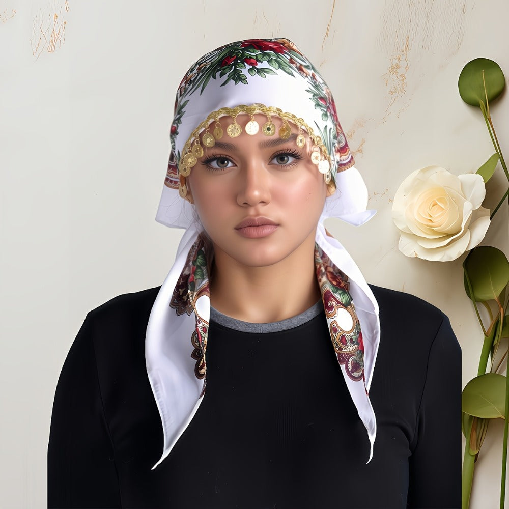 Scarf for Women - Headscarf with Golden Chain - Floral Print Hijab Shawl 100% Polyester - product detail view 2
