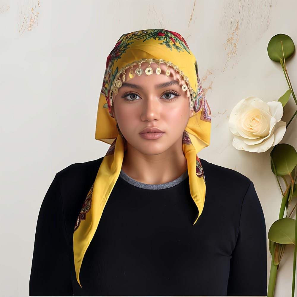 Scarf for Women - Headscarf with Golden Chain - Floral Print Hijab Shawl 100% Polyester - product detail view 8