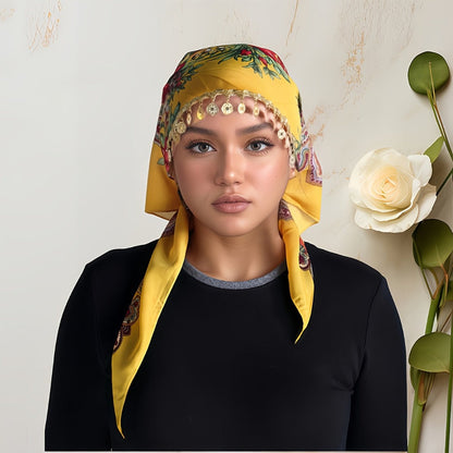 Scarf for Women - Headscarf with Golden Chain - Floral Print Hijab Shawl 100% Polyester - product detail view 8