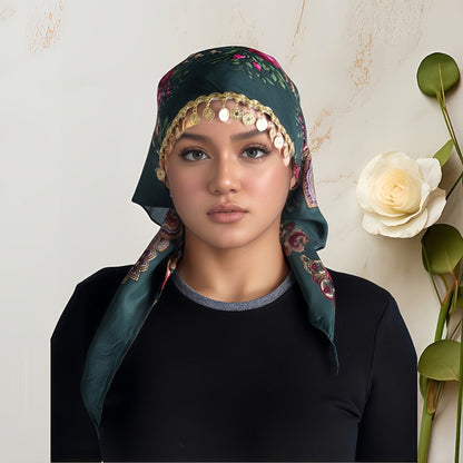 Scarf for Women - Headscarf with Golden Chain - Floral Print Hijab Shawl 100% Polyester - product detail view 11
