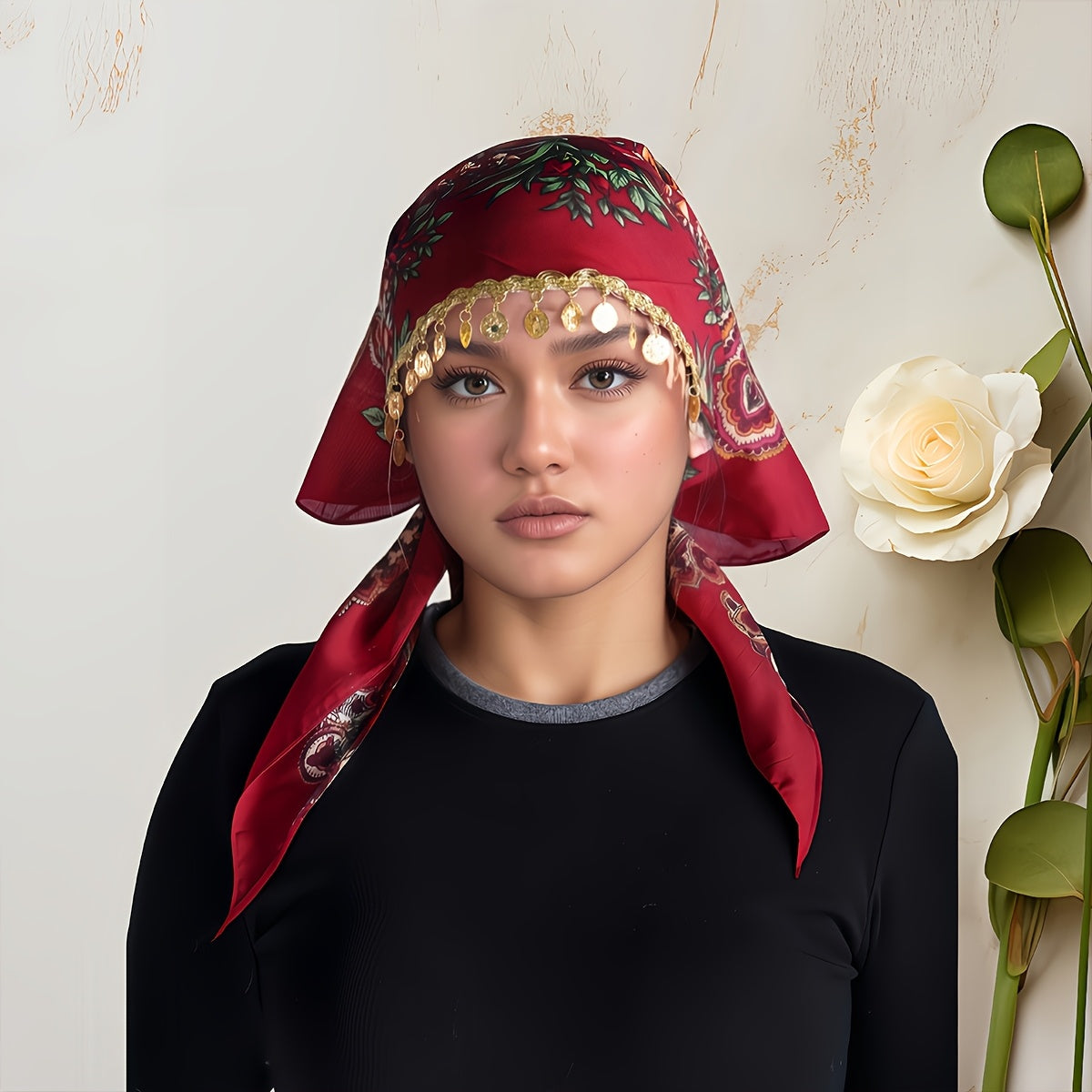 Scarf for Women - Headscarf with Golden Chain - Floral Print Hijab Shawl 100% Polyester - product detail view 14
