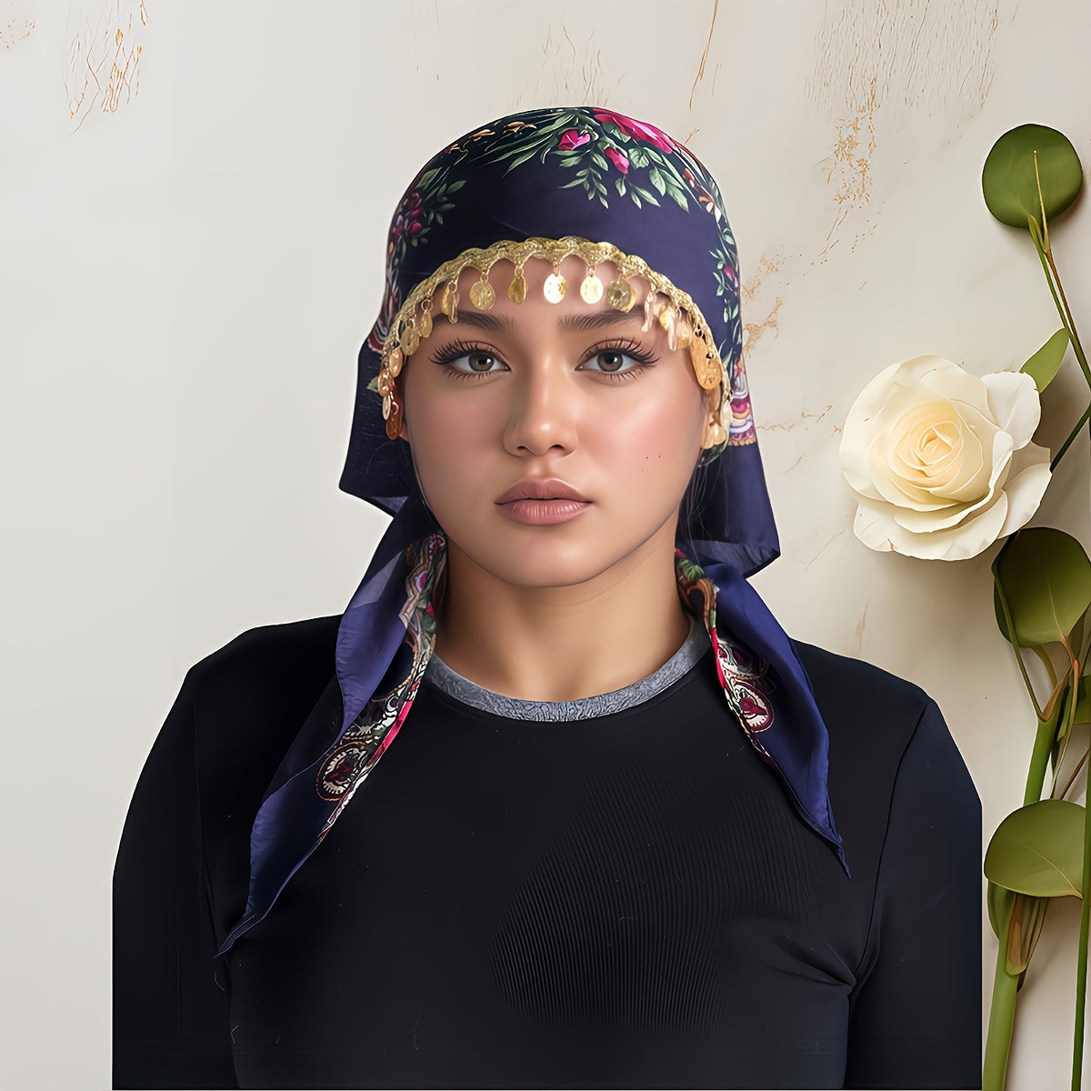 Scarf for Women - Headscarf with Golden Chain - Floral Print Hijab Shawl 100% Polyester - product detail view 16