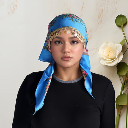 Scarf for Women - Headscarf with Golden Chain - Floral Print Hijab Shawl 100% Polyester - product detail view 17