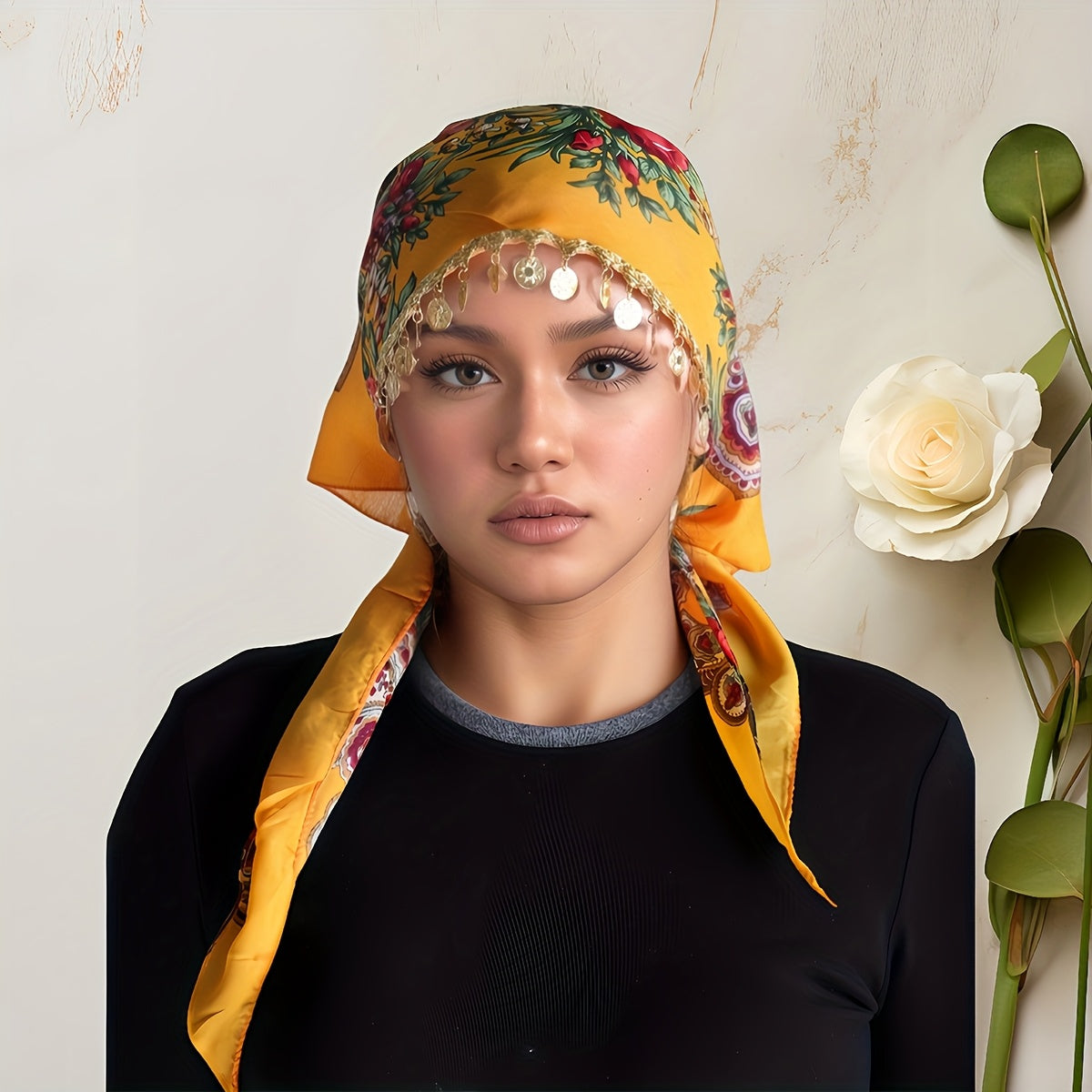 Scarf for Women - Headscarf with Golden Chain - Floral Print Hijab Shawl 100% Polyester - product detail view 19