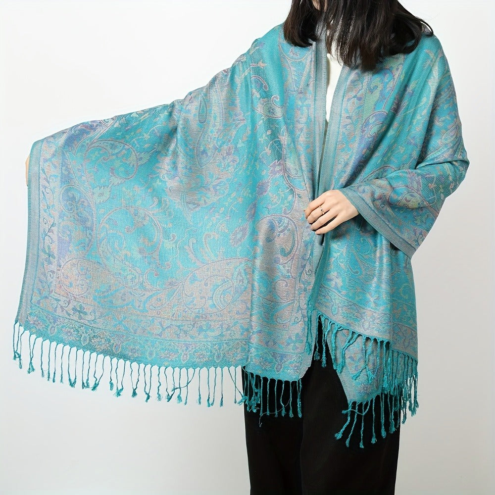 Scarf for Women - Jacquard Shawl Ethnic Cashew Tassel Long Wrap Vintage Multicolor Boho - main product view