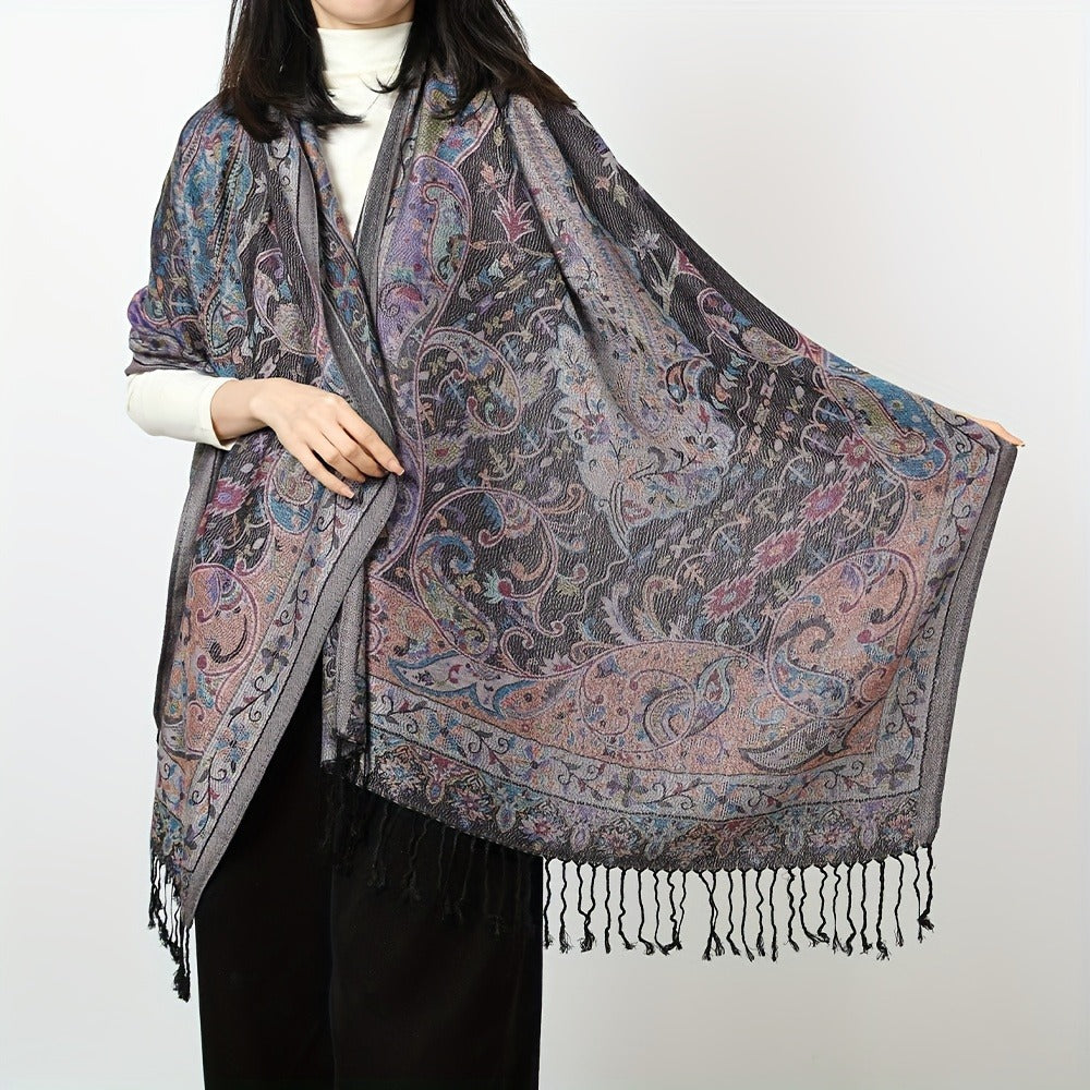 Scarf for Women - Jacquard Shawl Ethnic Cashew Tassel Long Wrap Vintage Multicolor Boho - product detail view 2