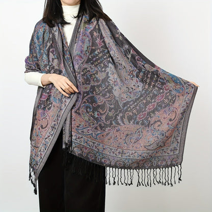 Scarf for Women - Jacquard Shawl Ethnic Cashew Tassel Long Wrap Vintage Multicolor Boho - product detail view 2