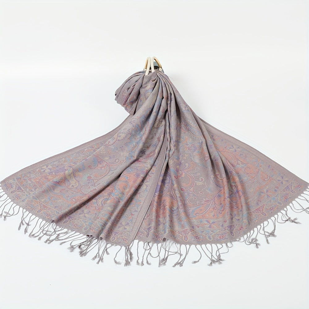 Scarf for Women - Jacquard Shawl Ethnic Cashew Tassel Long Wrap Vintage Multicolor Boho - product detail view 3