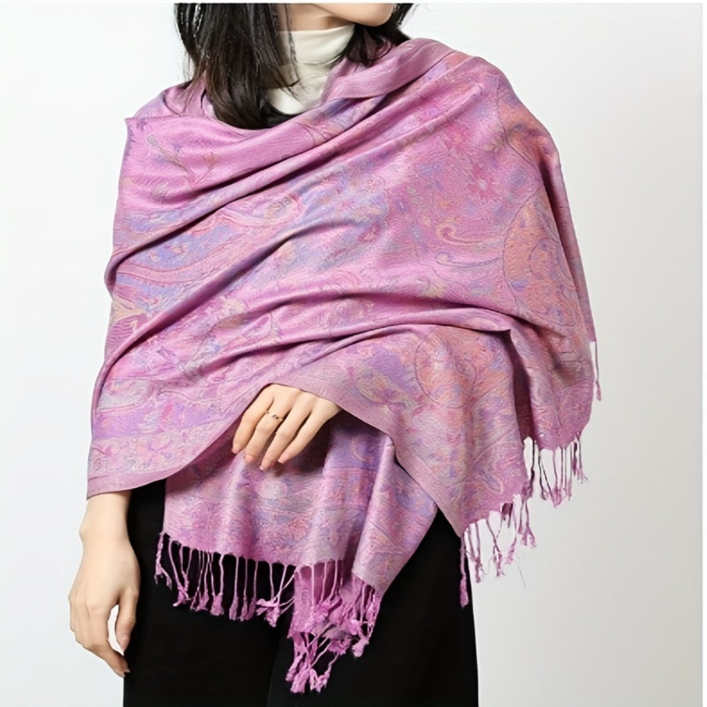 Scarf for Women - Jacquard Shawl Ethnic Cashew Tassel Long Wrap Vintage Multicolor Boho - product detail view 4