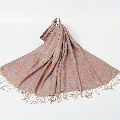 Scarf for Women - Jacquard Shawl Ethnic Cashew Tassel Long Wrap Vintage Multicolor Boho - product detail view 5