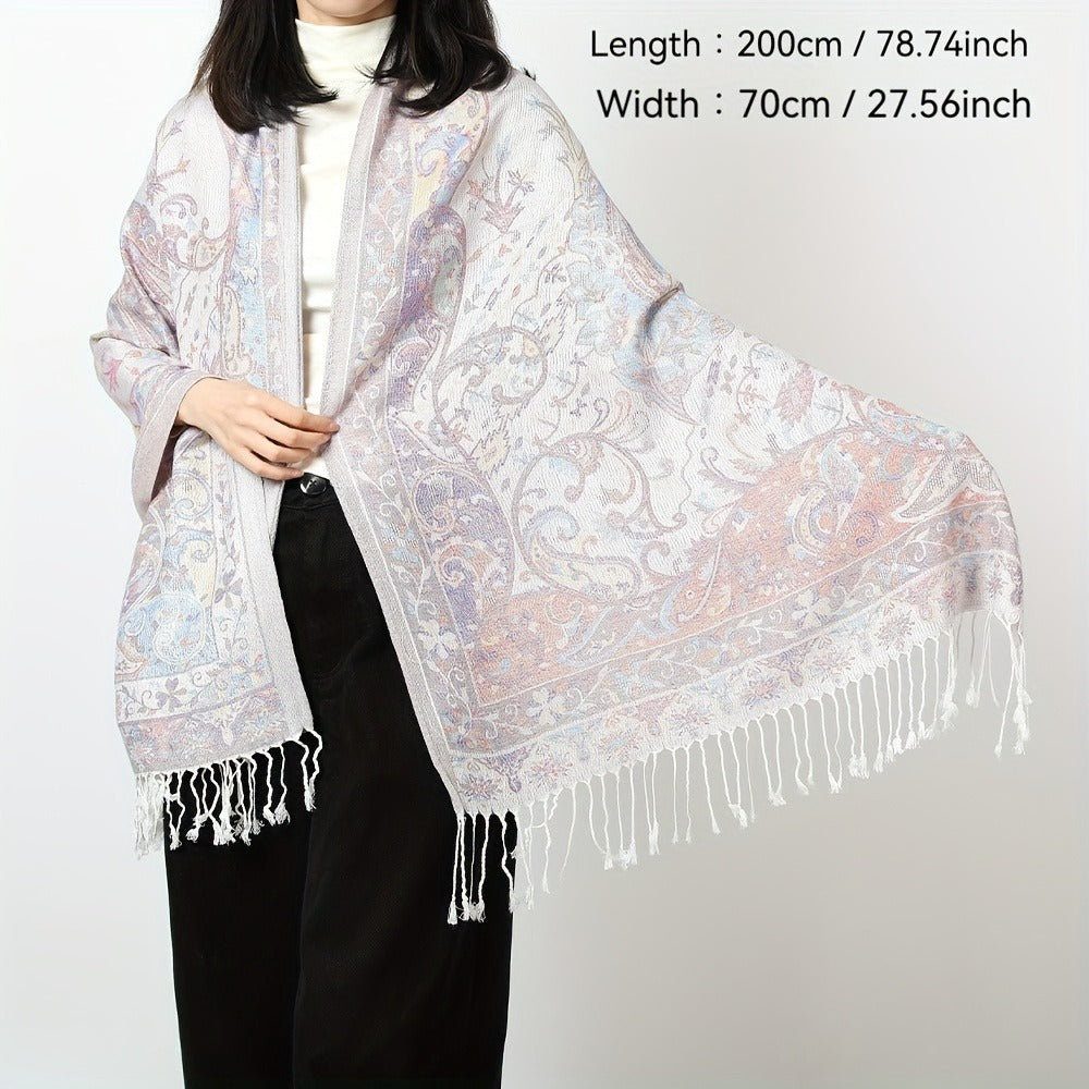 Scarf for Women - Jacquard Shawl Ethnic Cashew Tassel Long Wrap Vintage Multicolor Boho - product detail view 6