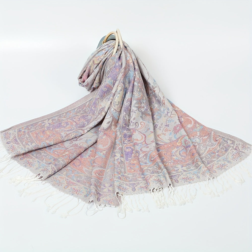 Scarf for Women - Jacquard Shawl Ethnic Cashew Tassel Long Wrap Vintage Multicolor Boho - product detail view 7