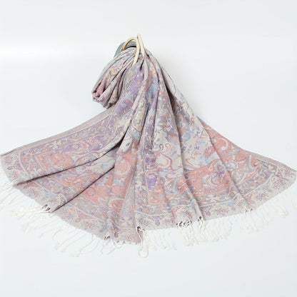 Scarf for Women - Jacquard Shawl Ethnic Cashew Tassel Long Wrap Vintage Multicolor Boho - product detail view 7