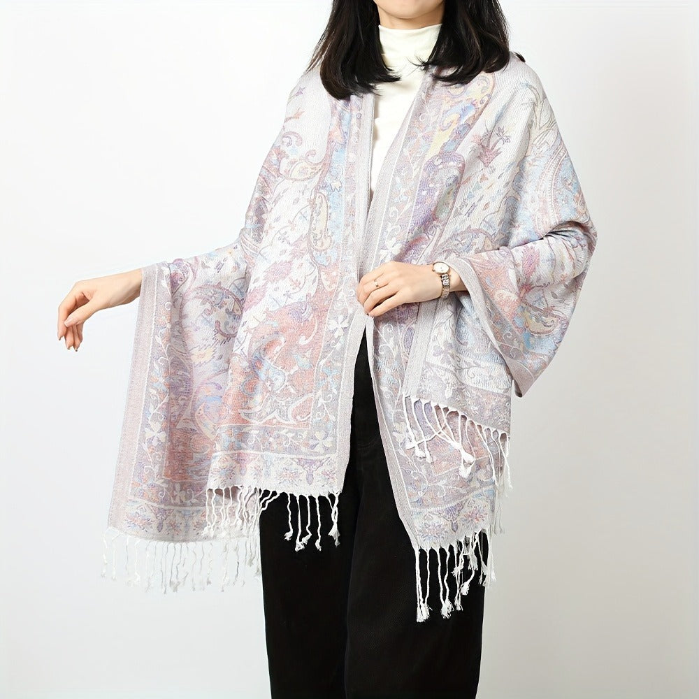 Scarf for Women - Jacquard Shawl Ethnic Cashew Tassel Long Wrap Vintage Multicolor Boho - product detail view 8