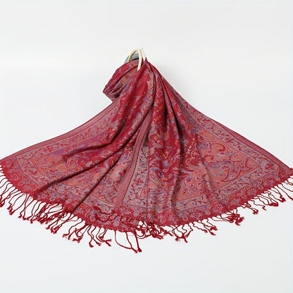 Scarf for Women - Jacquard Shawl Ethnic Cashew Tassel Long Wrap Vintage Multicolor Boho - product detail view 9