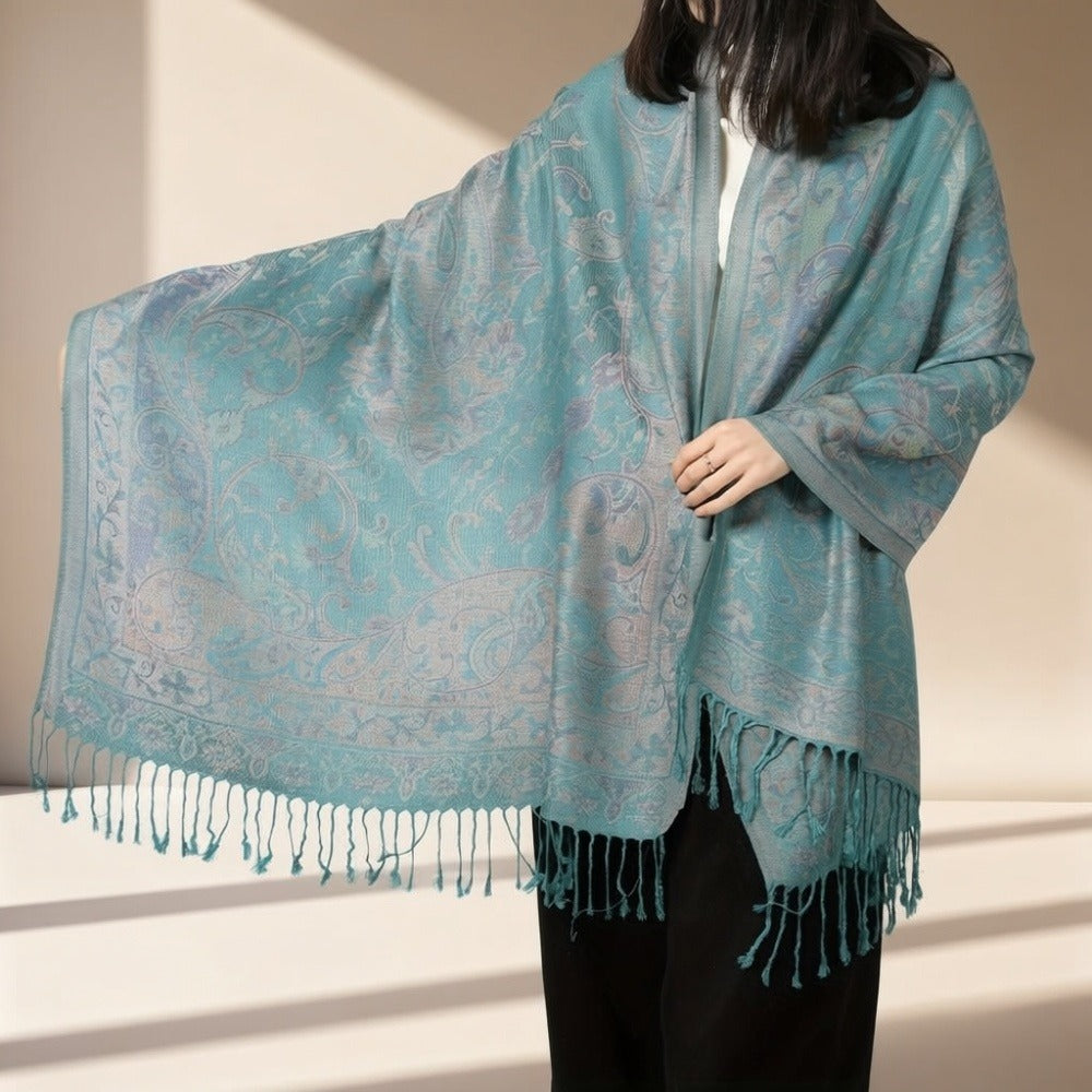 Scarf for Women - Jacquard Shawl Ethnic Cashew Tassel Long Wrap Vintage Multicolor Boho - product detail view 10