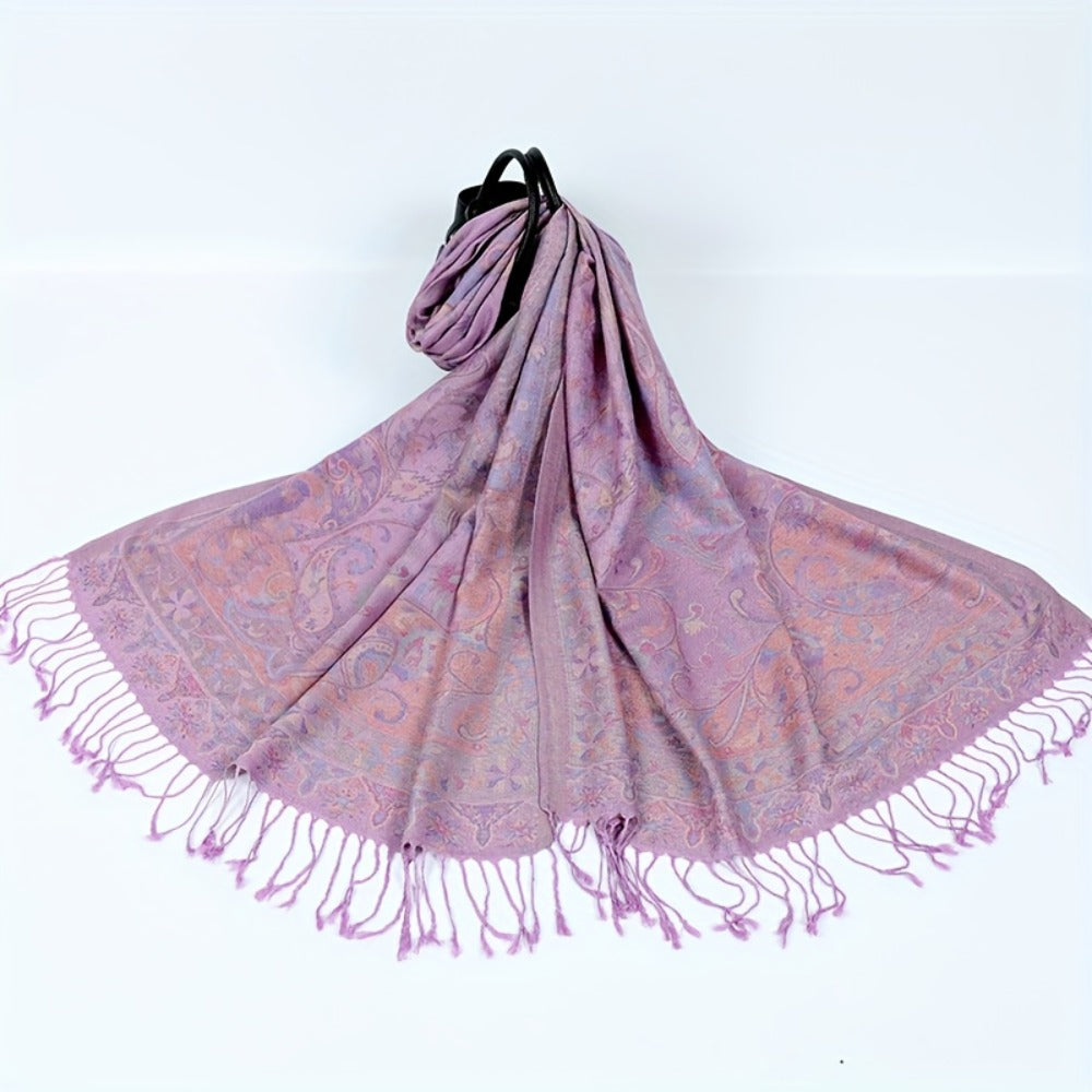 Scarf for Women - Jacquard Shawl Ethnic Cashew Tassel Long Wrap Vintage Multicolor Boho - product detail view 11