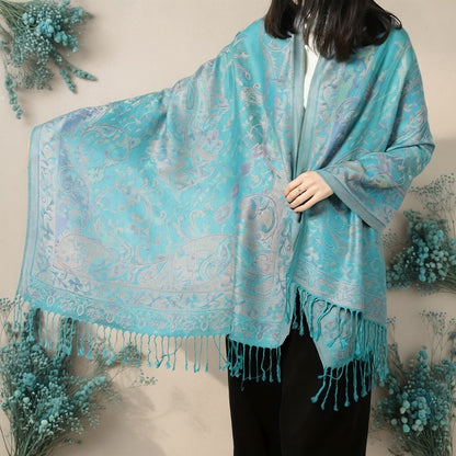 Scarf for Women - Jacquard Shawl Ethnic Cashew Tassel Long Wrap Vintage Multicolor Boho - product detail view 12