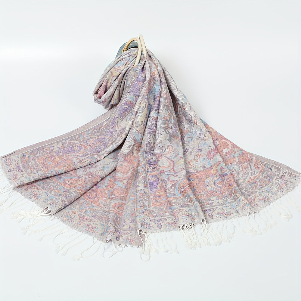 Scarf for Women - Jacquard Shawl Ethnic Cashew Tassel Long Wrap Vintage Multicolor Boho - product detail view 14